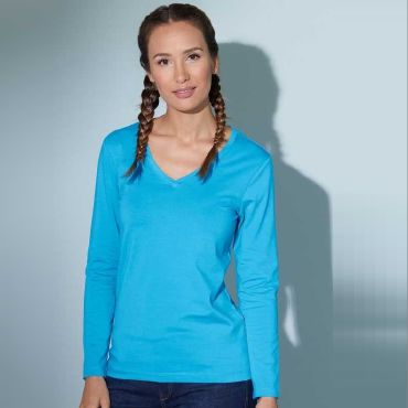 Camiseta cuello de pico elástica mujer Ladies' Stretch V-Shirt Long-Sleeved